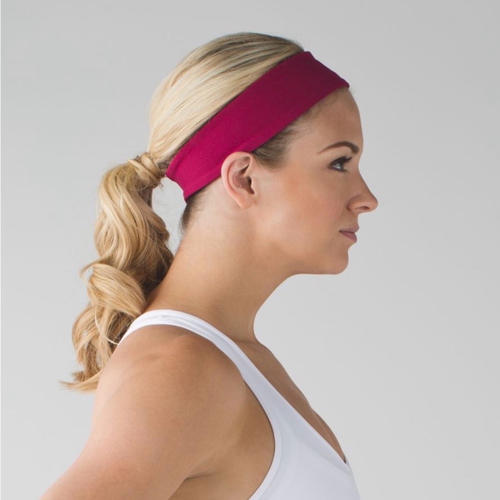 Lululemon headband in berry crush, fly away tamer